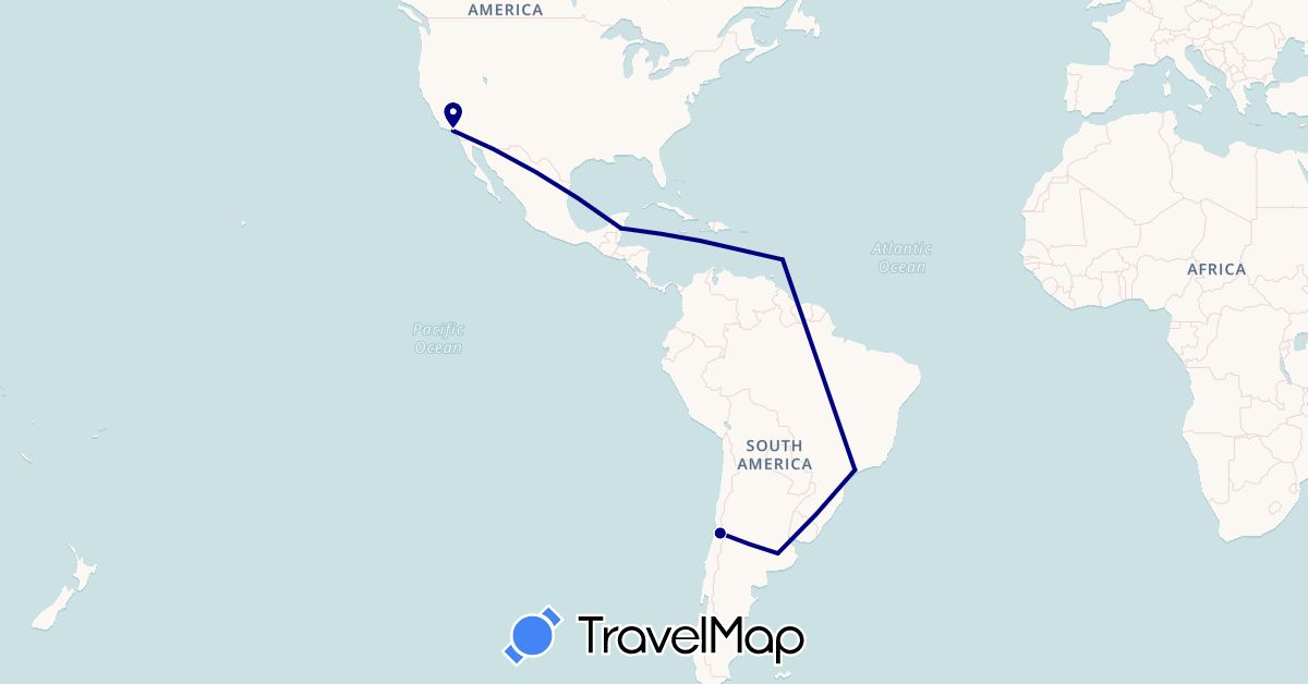 TravelMap itinerary: driving in Argentina, Barbados, Brazil, Chile, Mexico, United States (North America, South America)